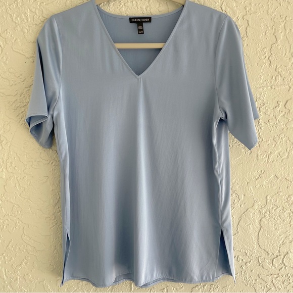 Eileen Fisher Tops - Eileen Fisher blue silk short sleeve v-neck blouse top side slits XS